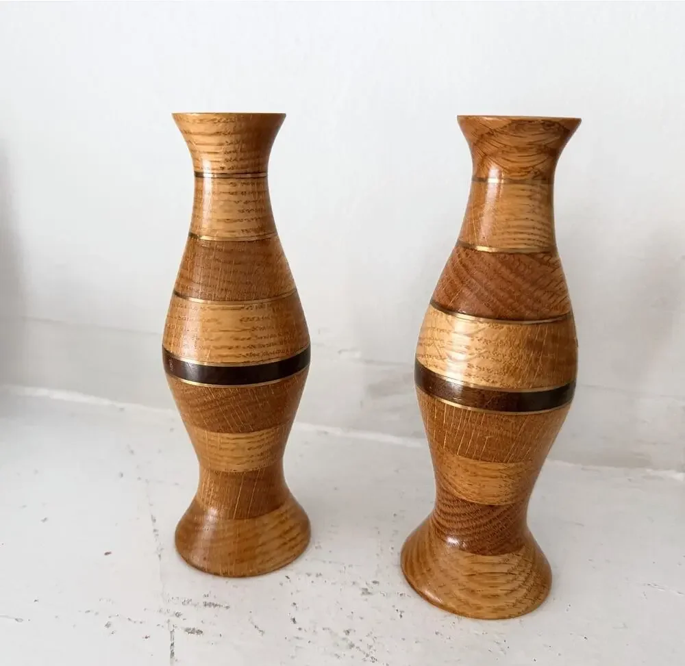 Turned Wood Brass Inlaid Vase Pair Segmented Bud Vases Signed Set 2